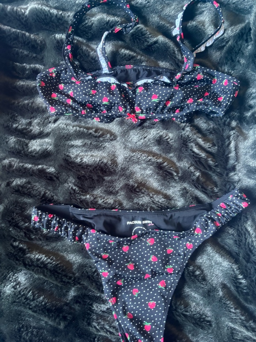 PacSun Black Bikini Set with Red Strawberry Print
